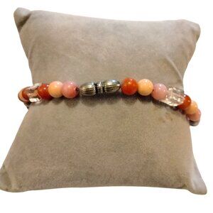 Beaded  Bracelet Pink Peach Silver Handmade Jewelry